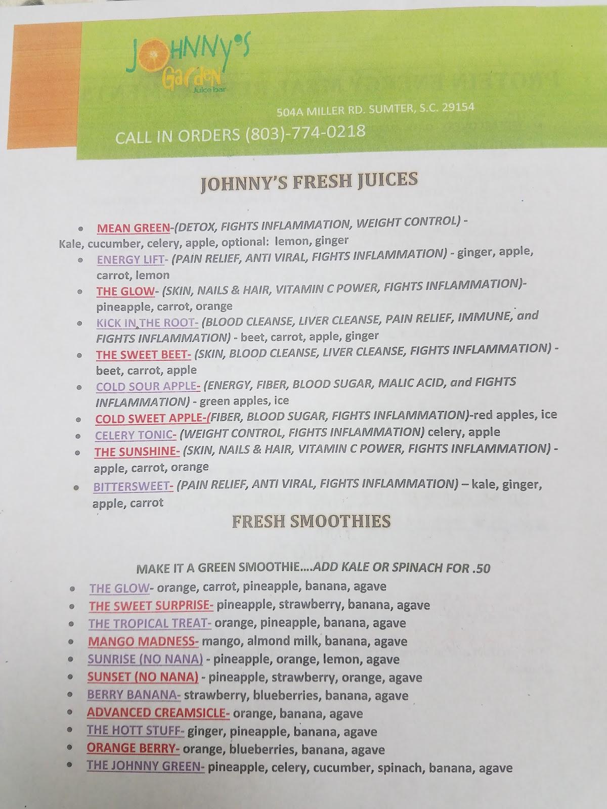 Menu at Johnny's Garden & Juice Bar, Sumter