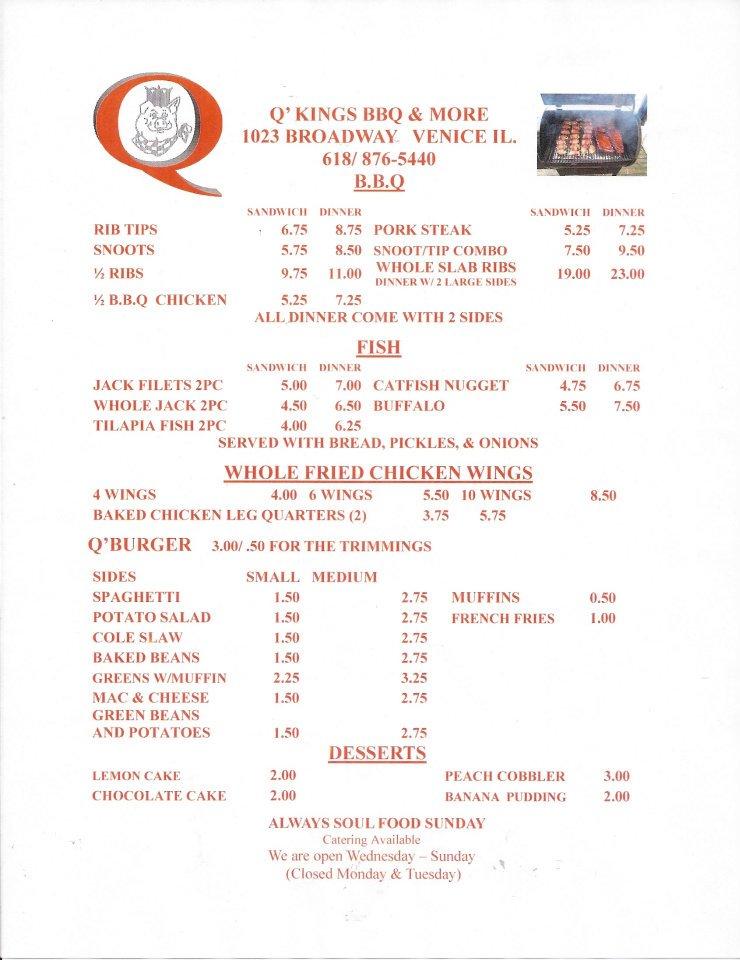 Menu at Q King BBQ, Venice