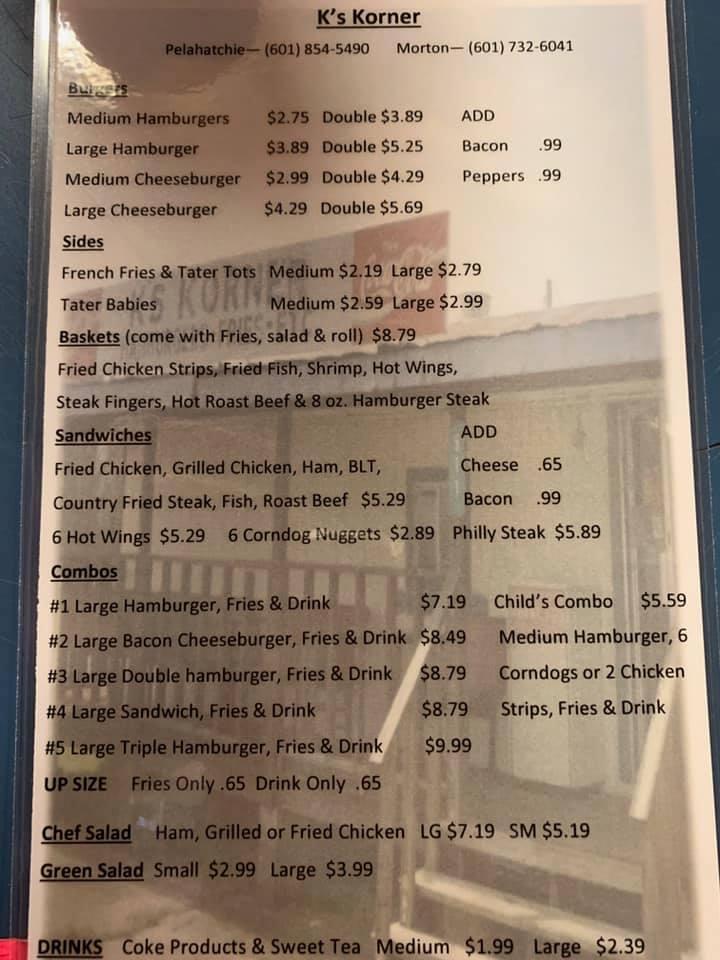 Menu at K's Korner restaurant, Pelahatchie