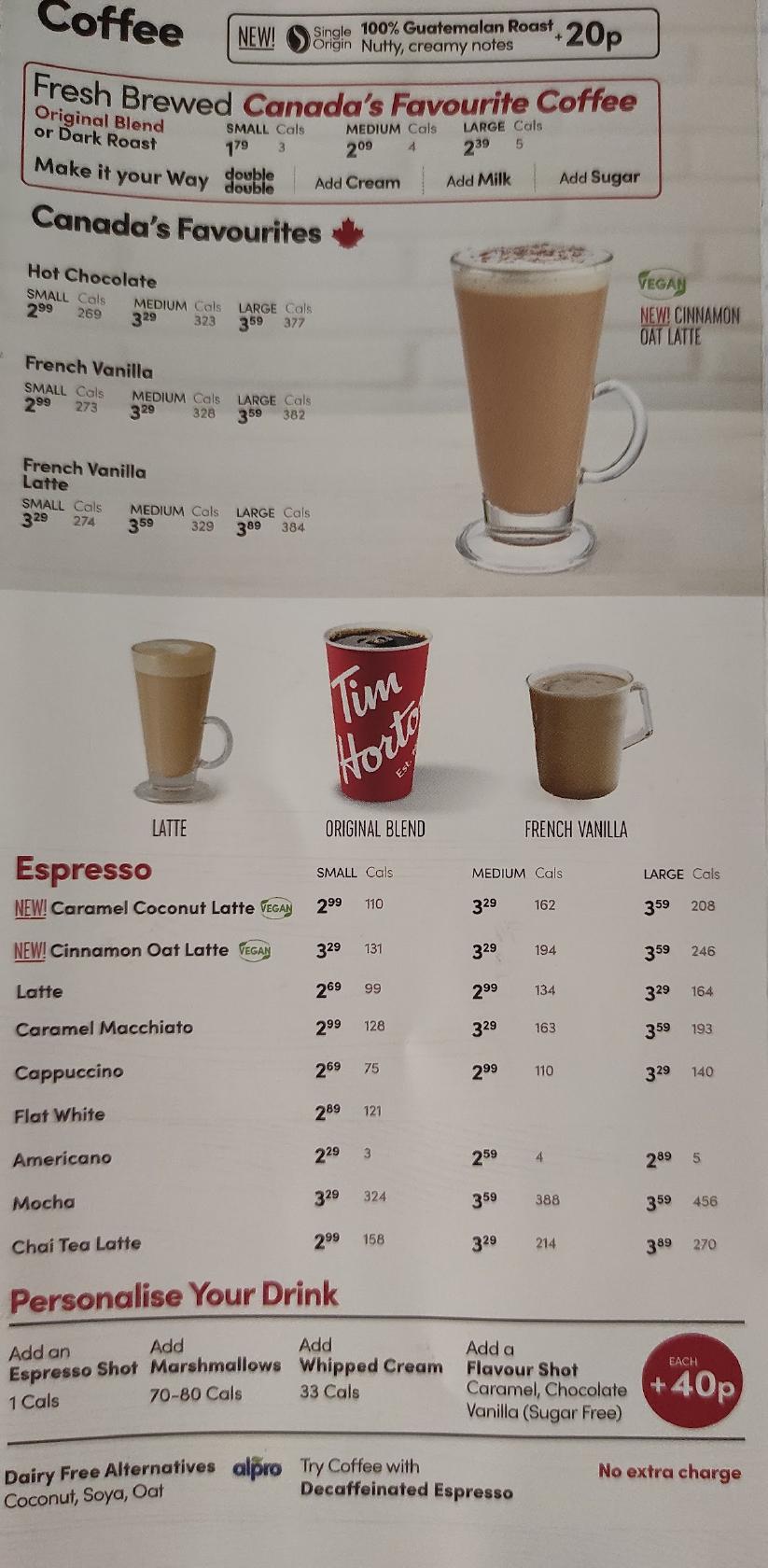 Menu at Tim Hortons restaurant, Stirling