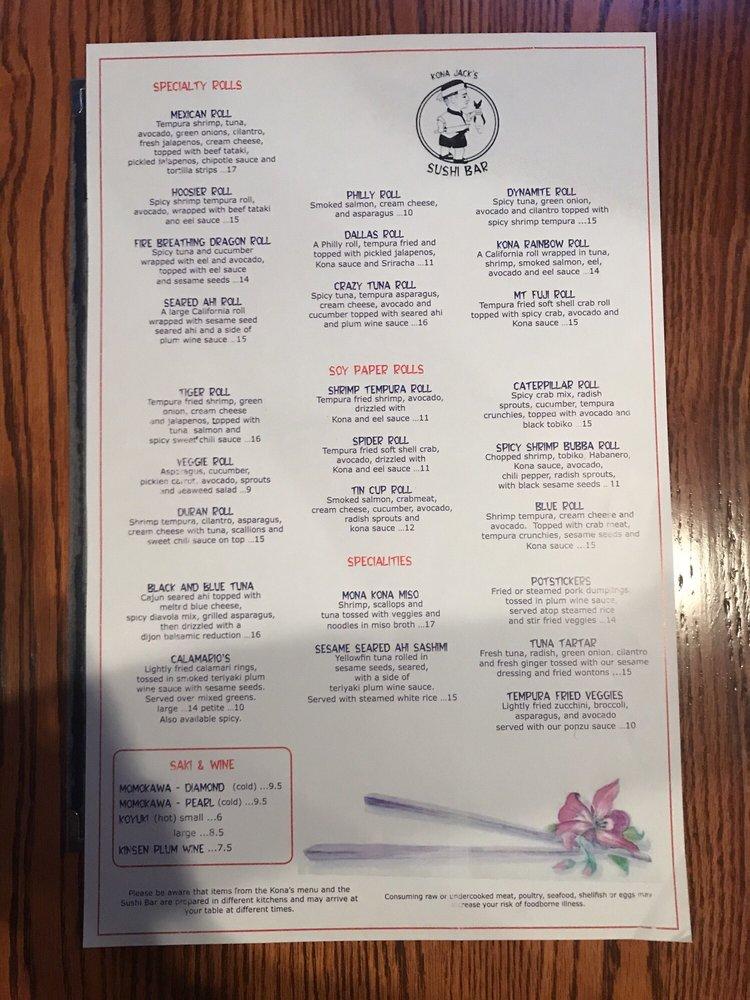 Menu at Kona Jack's Restaurant, Fish Market & Sushi Bar, Indianapolis
