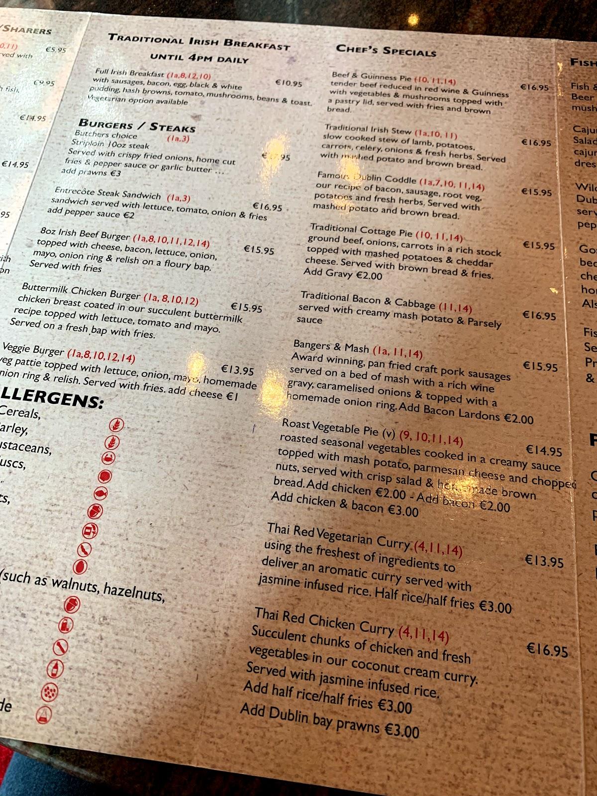 Menu at J.P. Mooney’s Traditional Irish Pub, Dublin