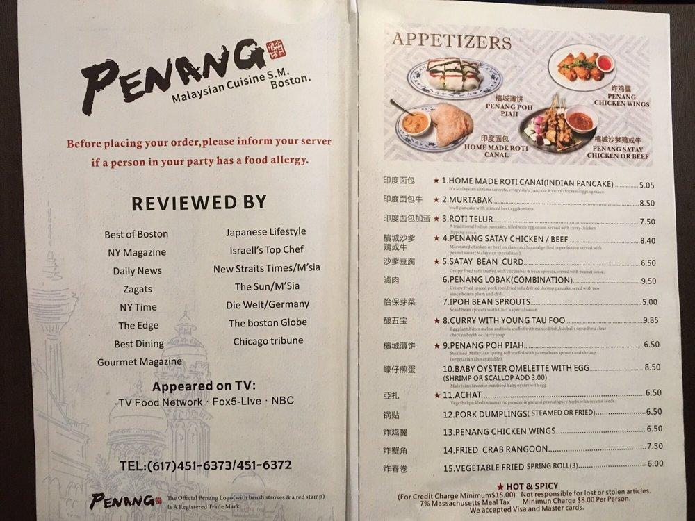 Menu At Penang Malaysian Cuisine Restaurant Boston 685 Washington St