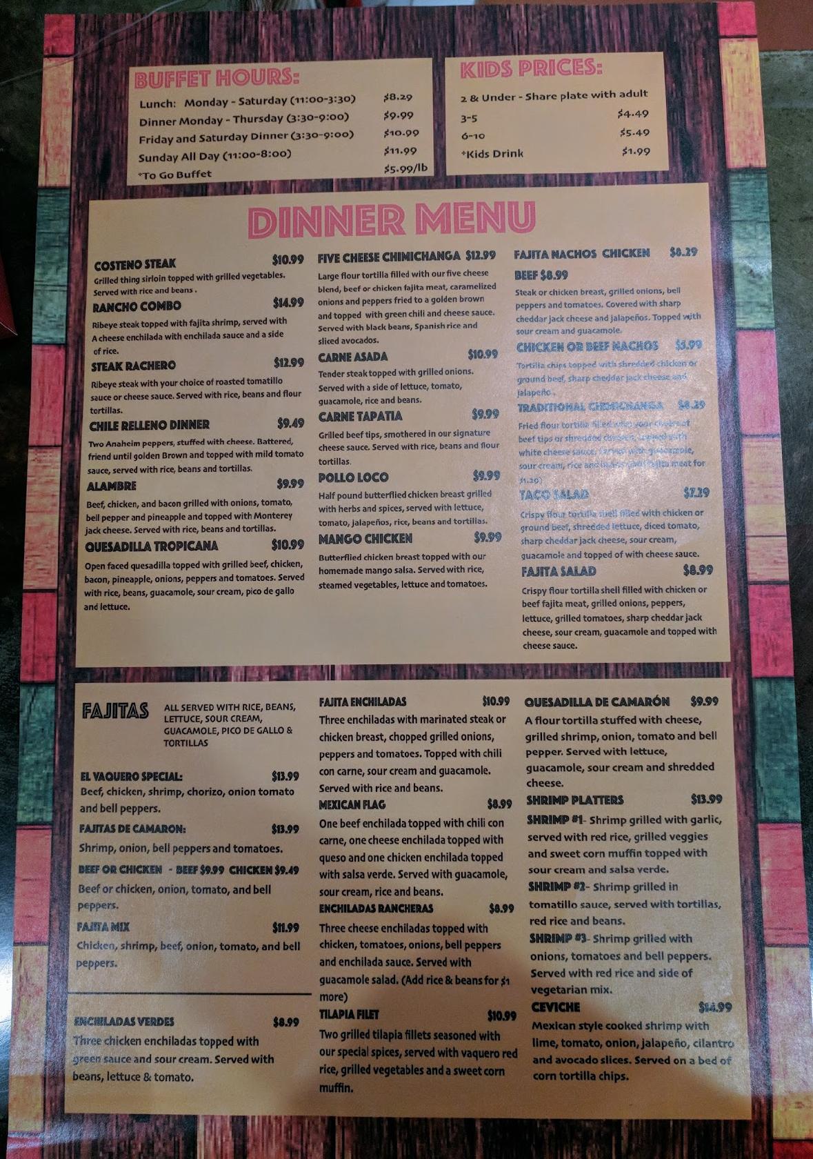 Carta del restaurante Salsa's Mexican Buffet, b City