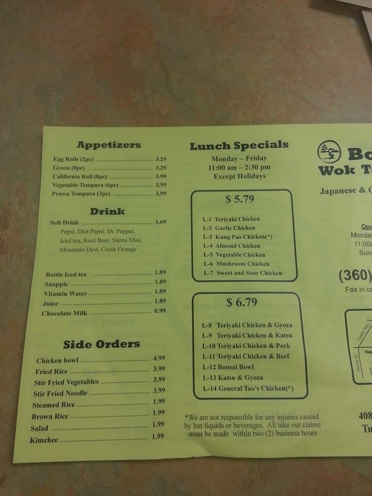 Menu at Bonsai Wok Teriyaki restaurant, Tumwater