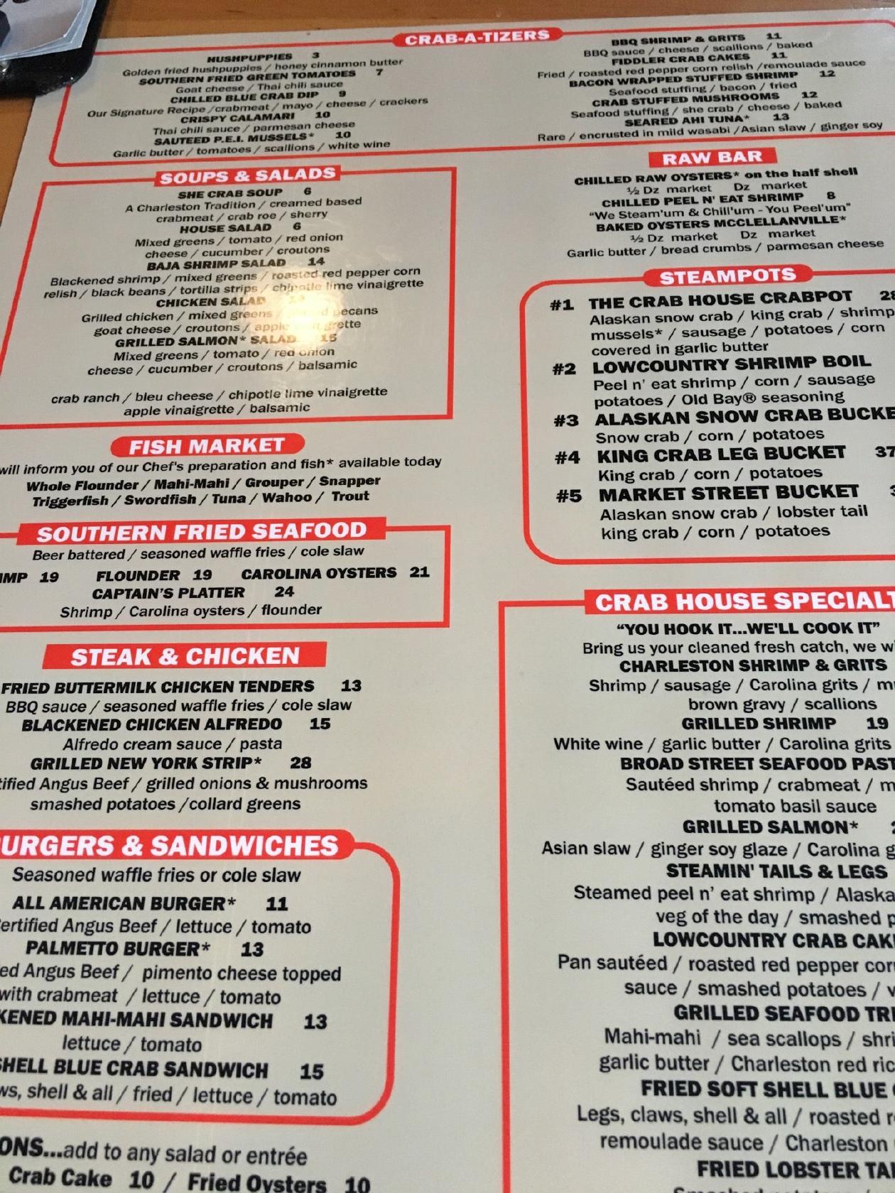 Menu at Charleston Crab House restaurant, Charleston, 41 S Market St