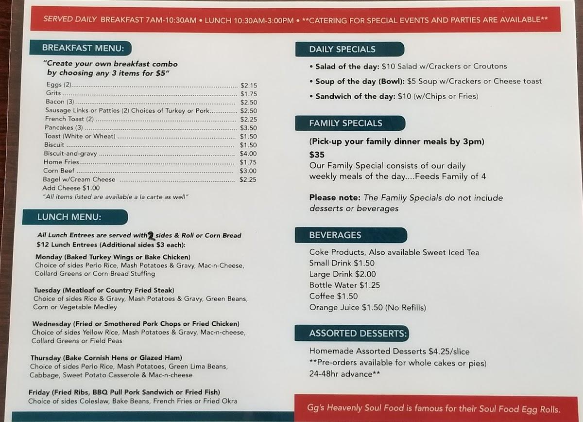 Menu at GG's Heavenly Soul Food restaurant, Ocala