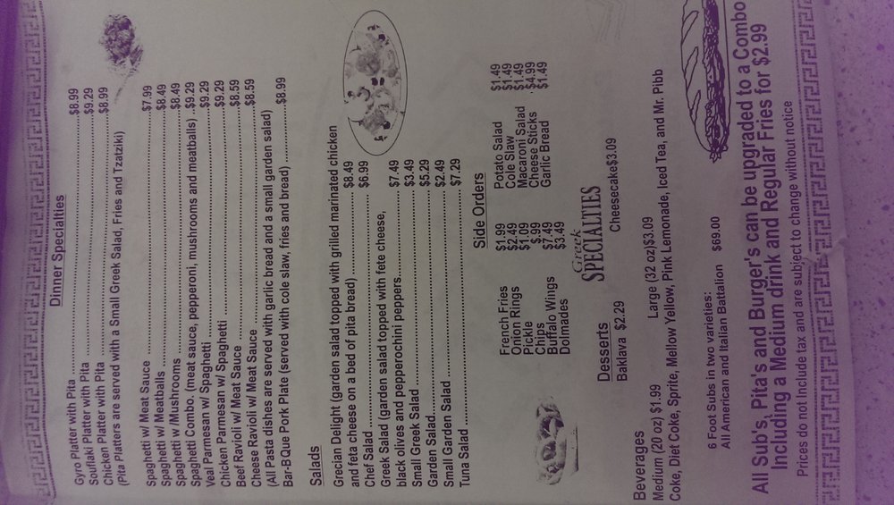 Menu at Pastas Gyros Ny Subs restaurant, Fayetteville