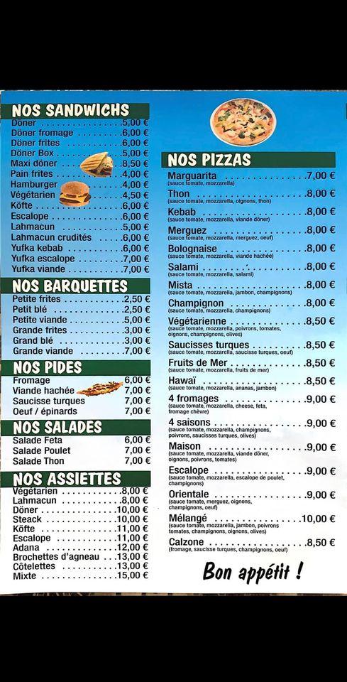 Menu de King Kebab et Pizza