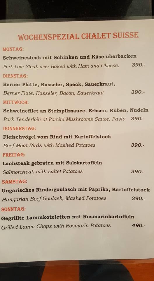 Menu at Chalet Suisse restaurant, Pattaya City