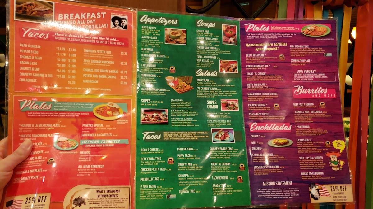 Menu at Las Palapas restaurant, Live Oak