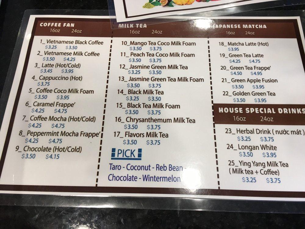 Menu at Boba Island cafe, Houston