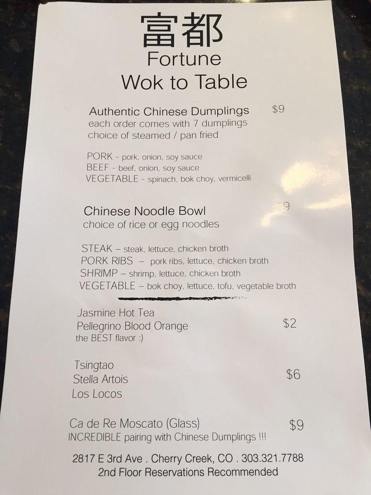 Menu at Fortune Wok to Table restaurant, Denver