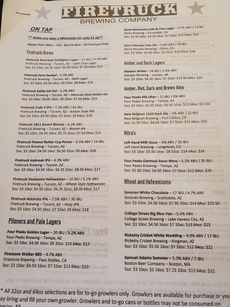 Menu at Firetruck Brewing Company BBQ, Oro Valley, N Oracle Rd 110