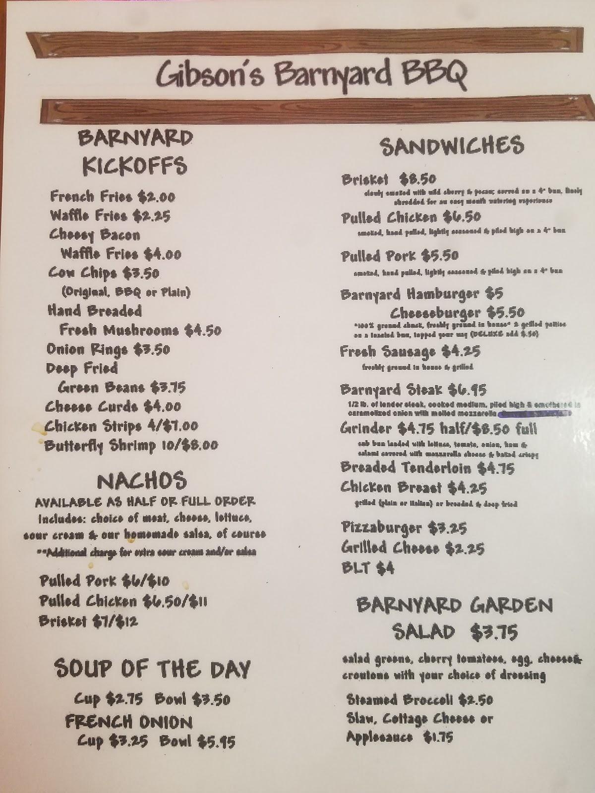 Menu at Gibson's Barnyard BBQ, Convoy