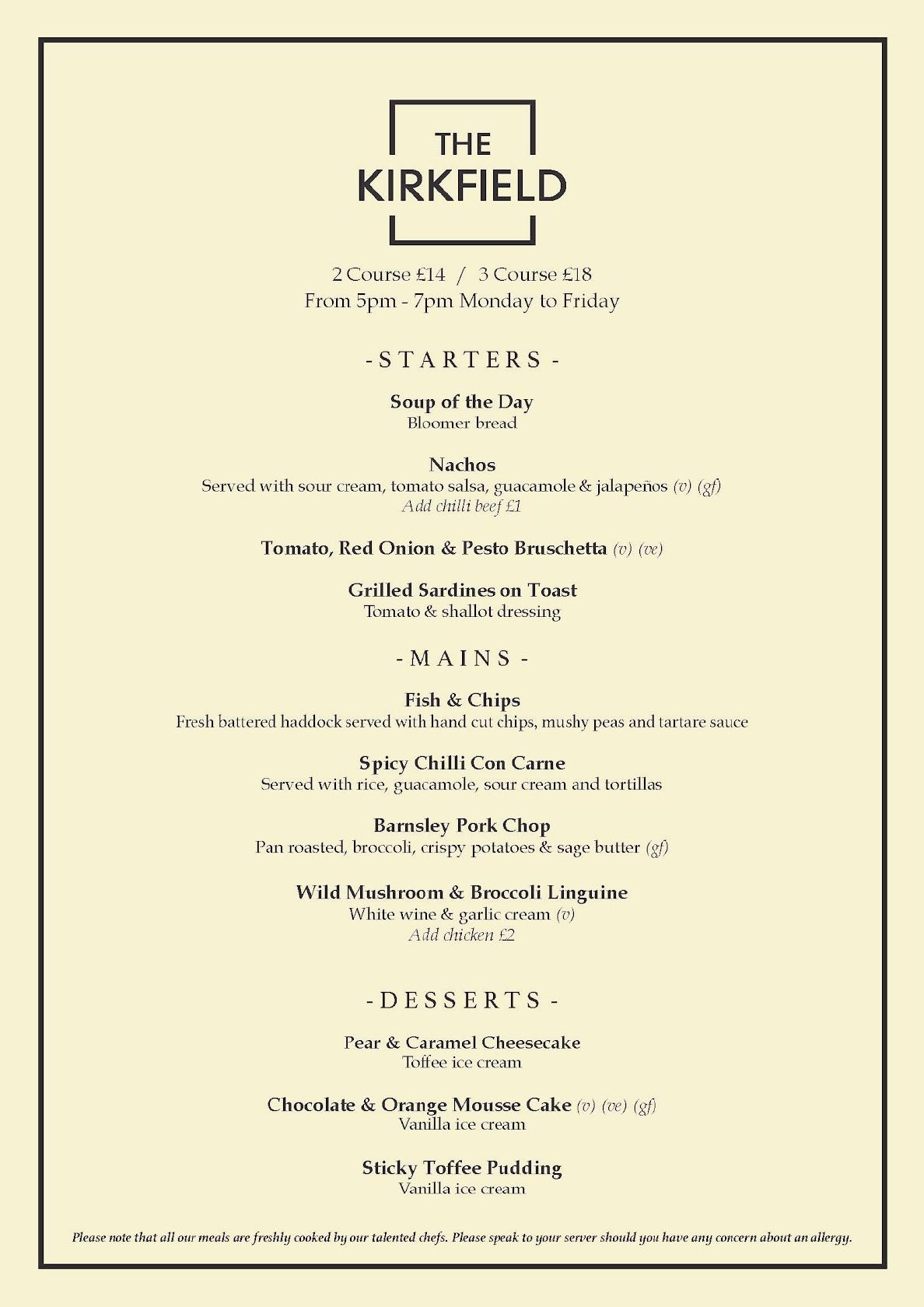 Menu at The Kirkfield pub & bar, NewtonleWillows