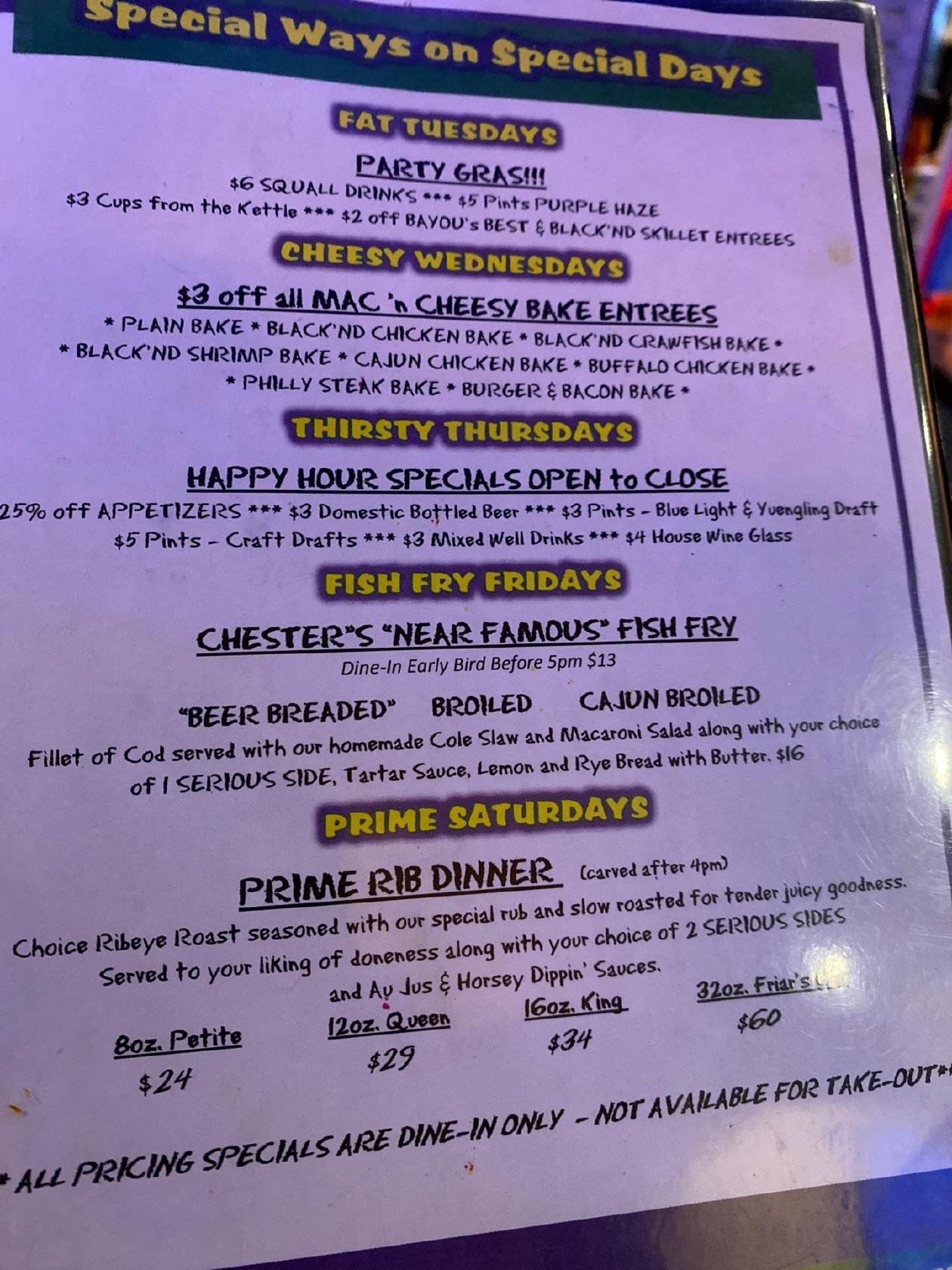 Menu at Chester's Cajun Grill restaurant, Cheektowaga