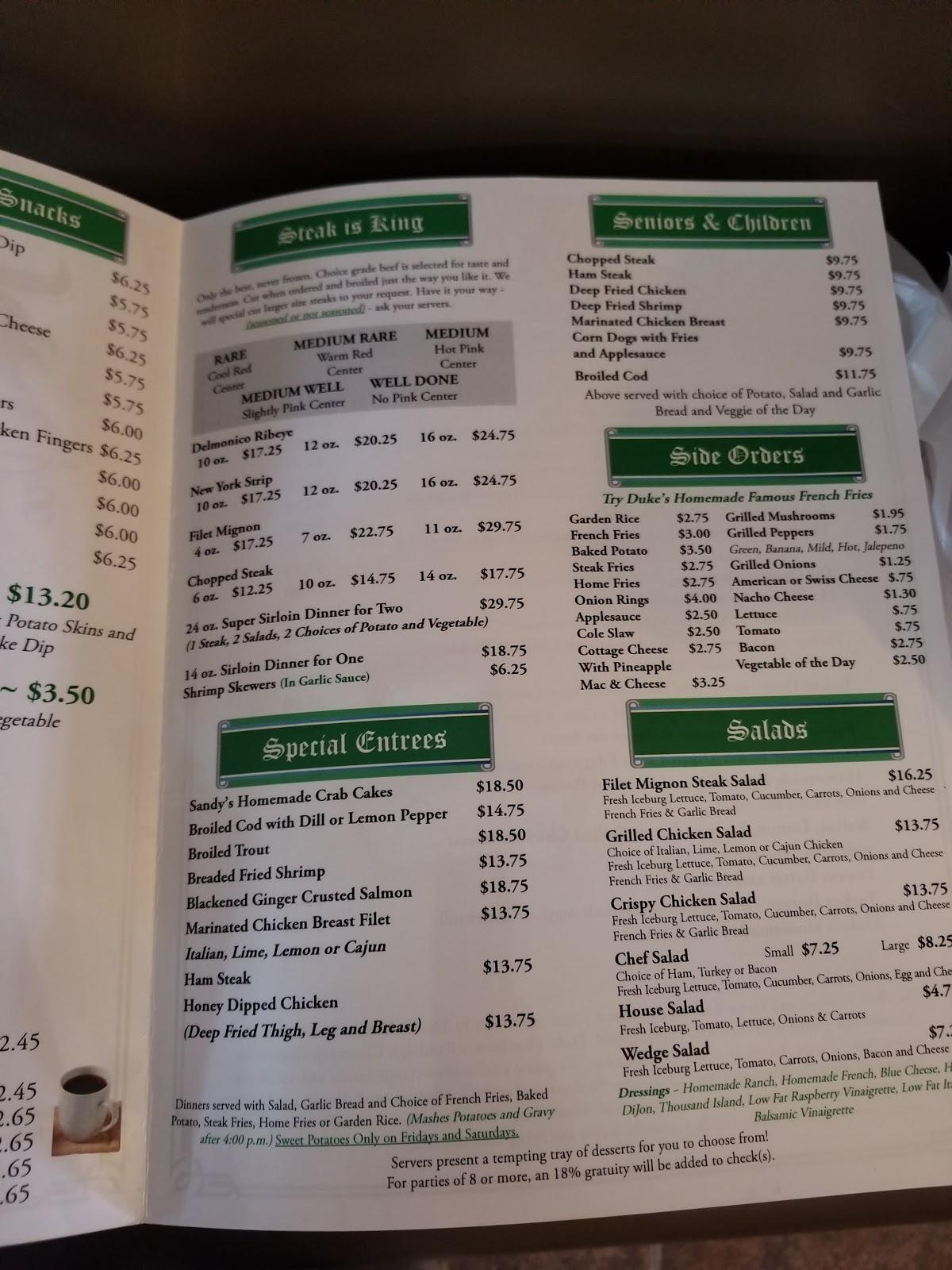 Menu at Duke's Steakhouse, Elkins, Harrison Ave