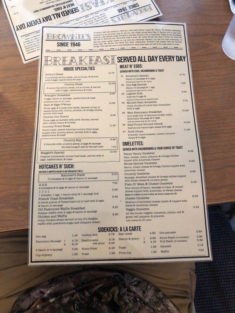 Menu at Brownie's Restaurant, Yuma