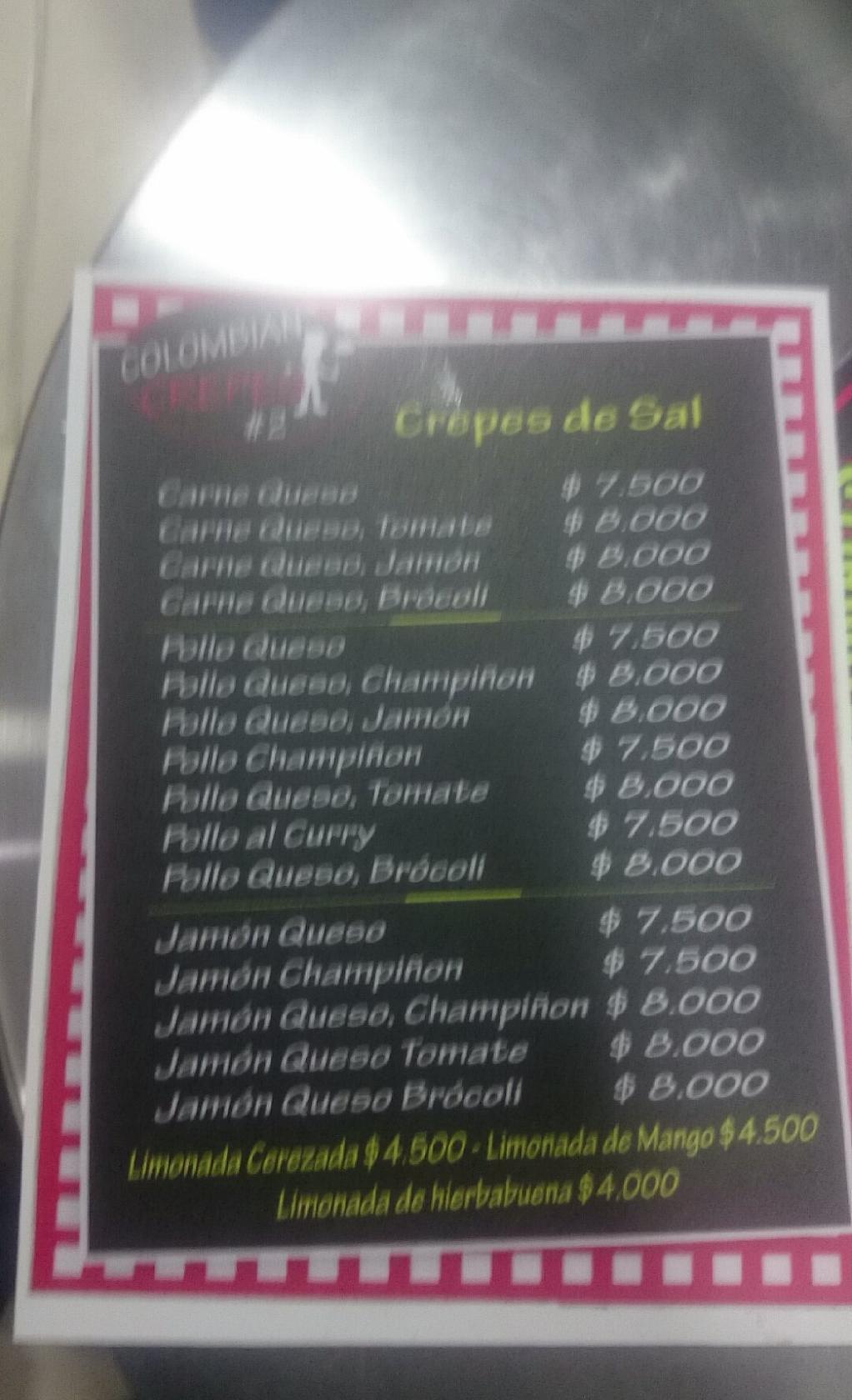 Menu at Colombian Crêpes restaurant, Bogotá, Cl 11A 73a19