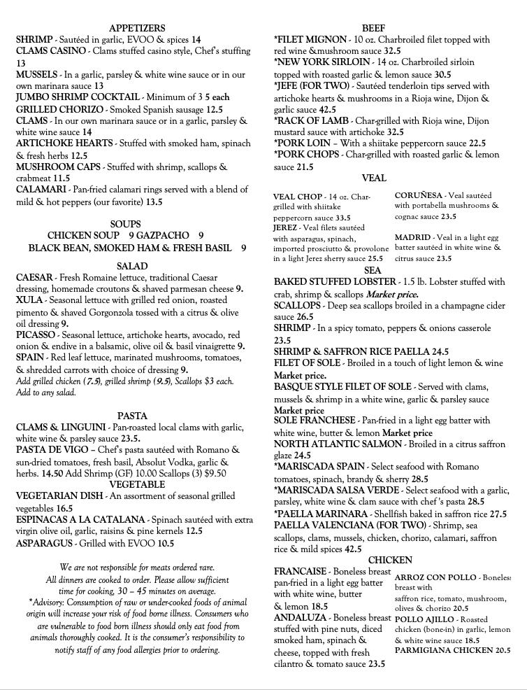 Menu at Spain of Narragansett, Inc restaurant, Narragansett, Ocean Rd