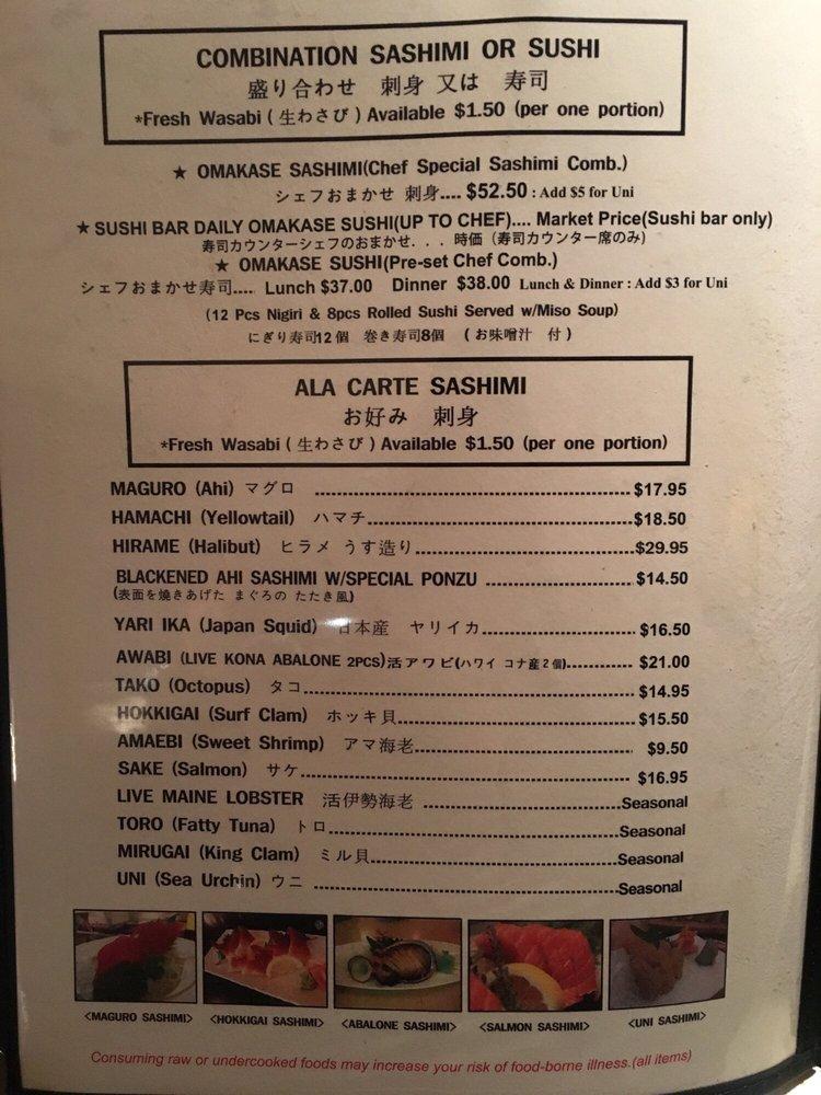 Menu at Yanagi Sushi restaurant, Honolulu