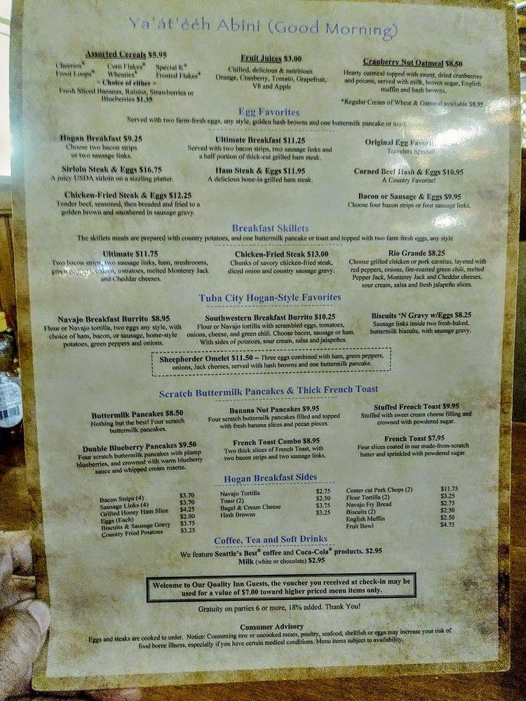 Menu at Hogan Restaurant, Tuba City
