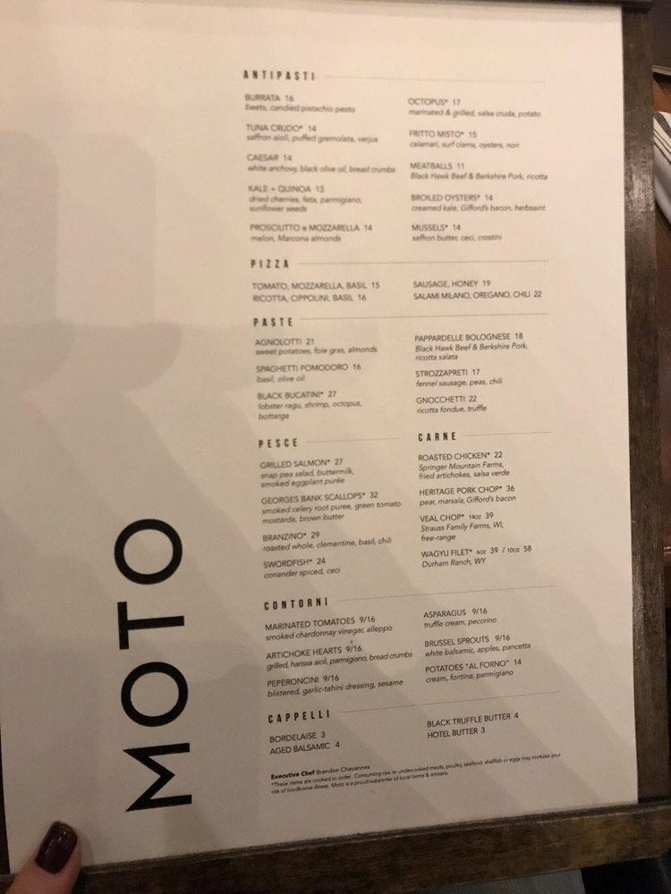 Menu at Moto restaurant, Nashville