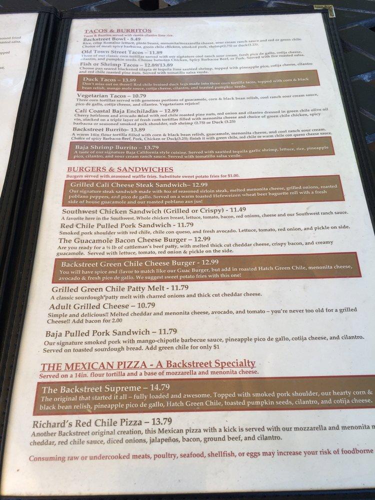 Menu at Backstreet Grill pub & bar, Albuquerque
