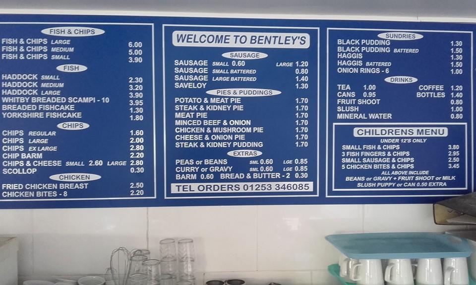 Menu at Bentley's Fish & Chip Shop restaurant, Blackpool