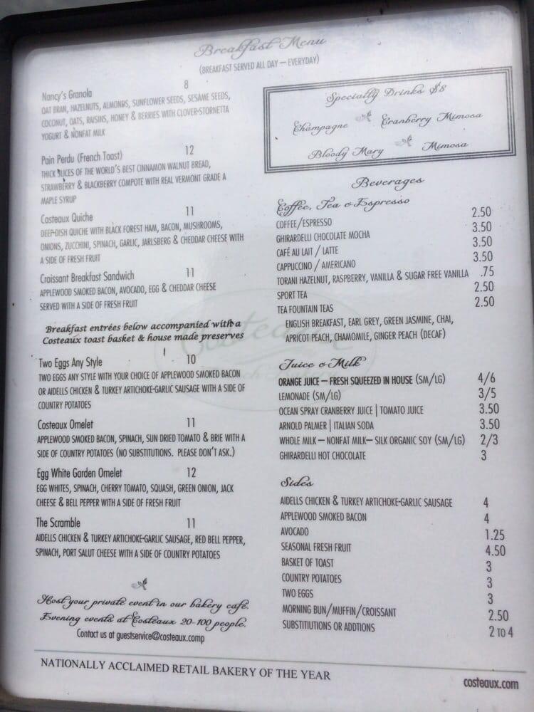 Menu at Costeaux French Bakery, Healdsburg