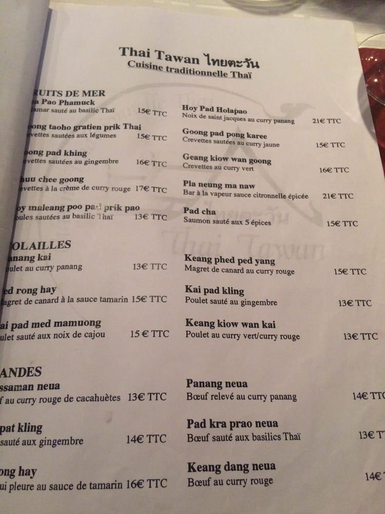 Carta del restaurante Thaï Tawan, Paris