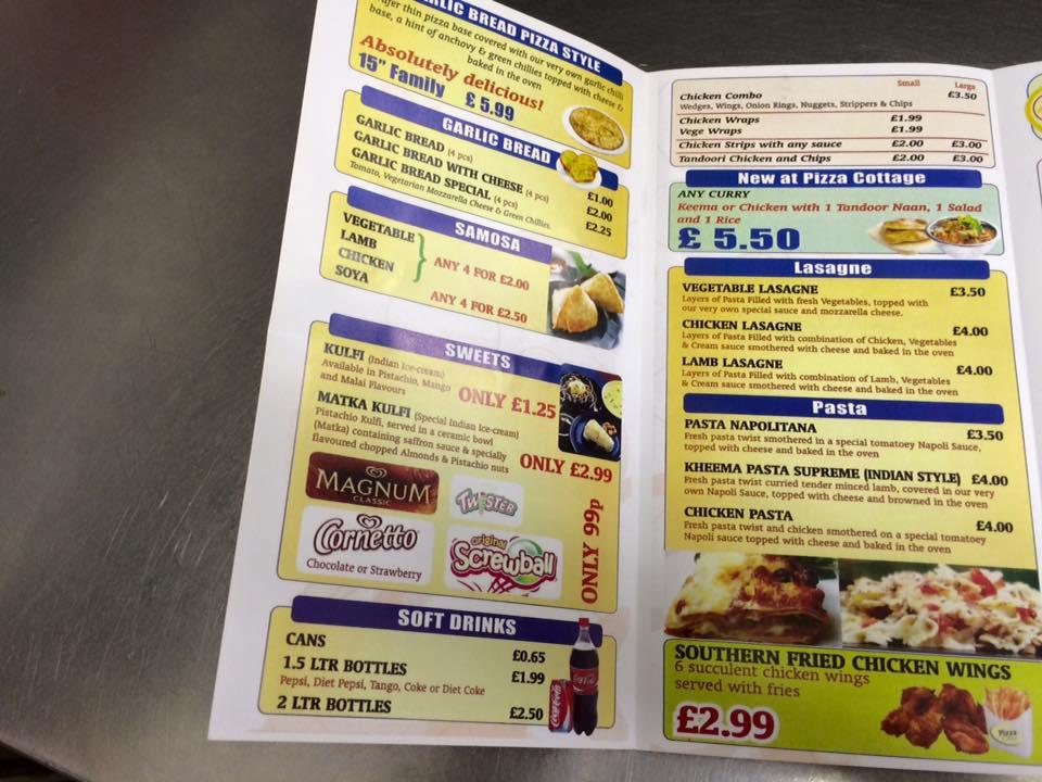 Menu at Pizza Cottage pizzeria, Leicester, 2 Lockerbie Ave