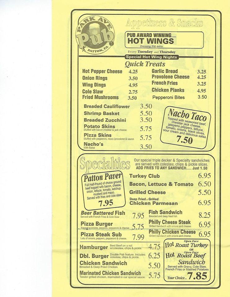 Menu at The Park Avenue Pub, Patton