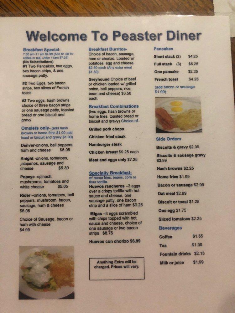 Menu at Peaster Diner restaurant, Weatherford