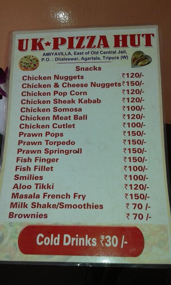 Menu at UK Pizza Hut, Agartala