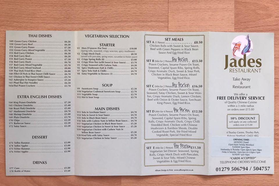 Menu at Jades Restaurant, Stortford
