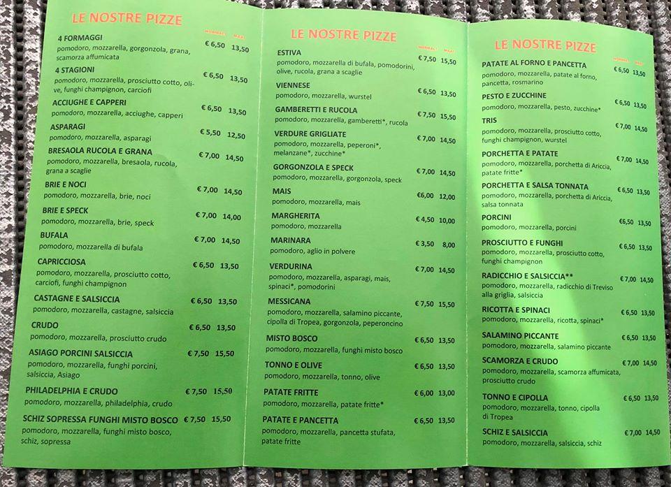 Menu da Pizza Mania pizzeria, Feltre