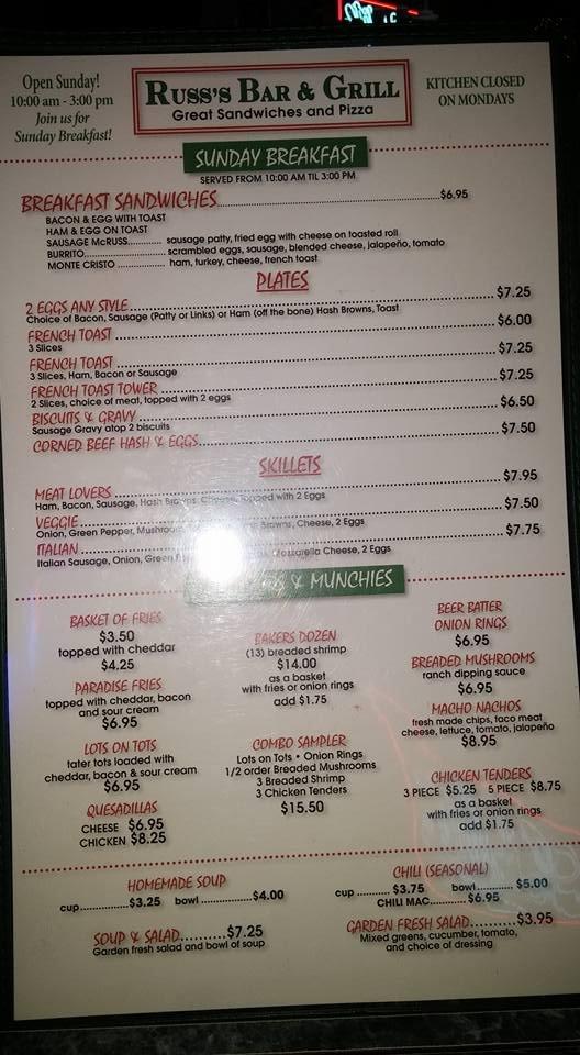 Menu at Russ's Bar and Grill, Waukegan