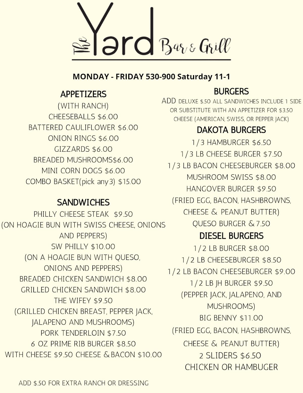 Menu at The Yard Bar & Grill, Alton