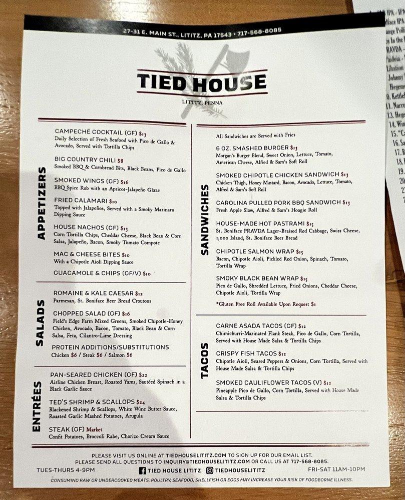 Menu at Tied House pub & bar, Lititz
