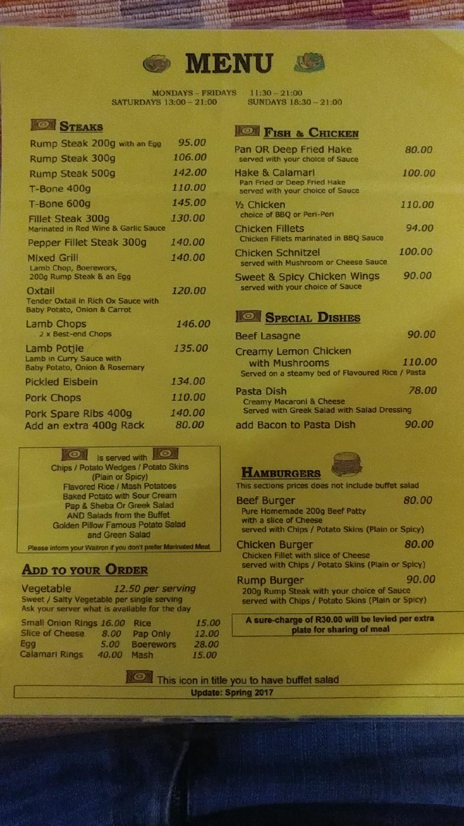 Menu at Golden Pillow Overnight restaurant, Polokwane