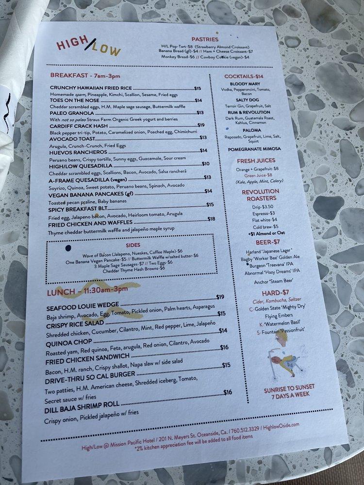 Menu at High/Low restaurant, Oceanside