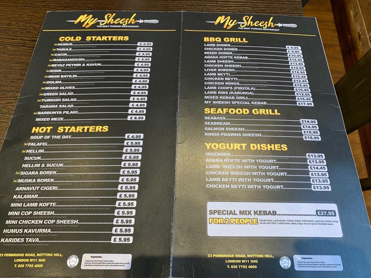 Menu at My Sheesh restaurant, London