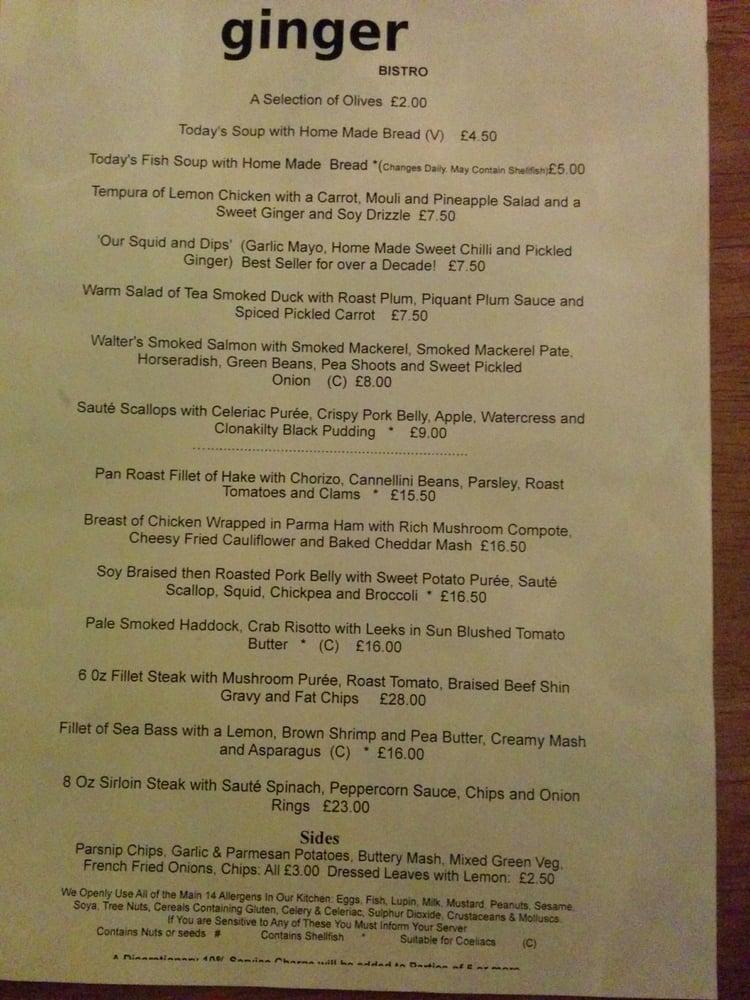 Menu at The Ginger Bistro restaurant, Belfast