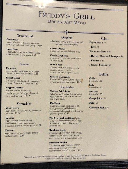Menu at Buddy's Grill restaurant, Claremore