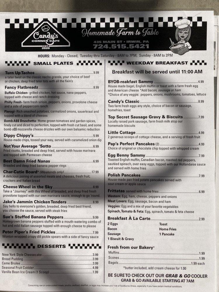 Menu at Candy's Corner Cafe, Irwin
