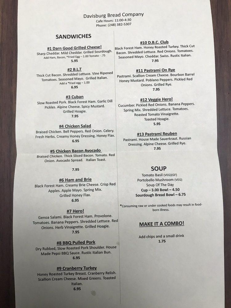 Menu at Davisburg Bread Company, Holly