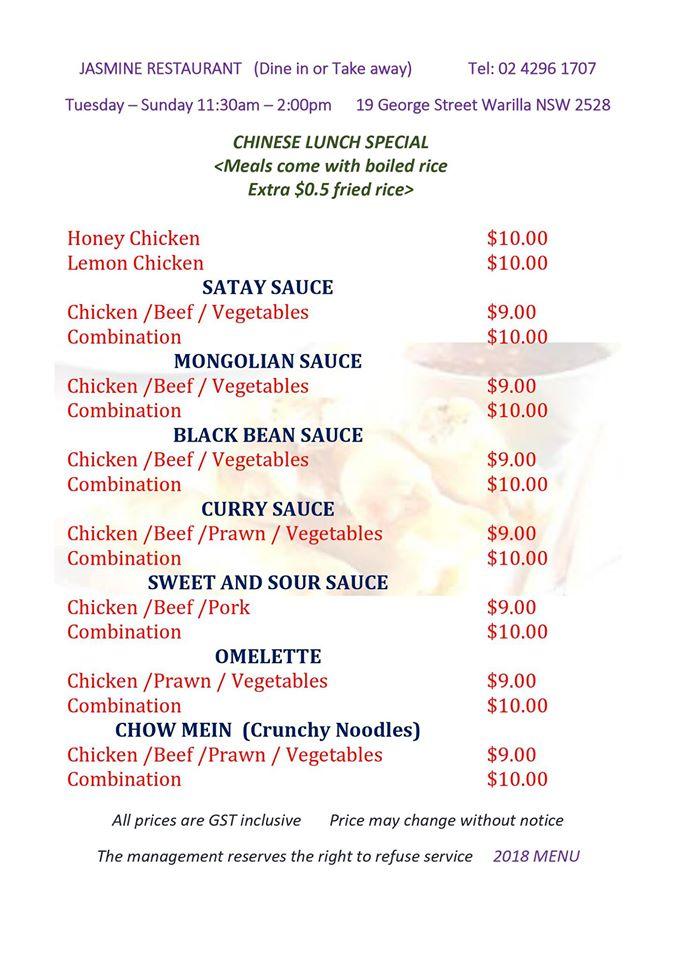 Menu at Jasmine Chinese Restaurant, Warilla