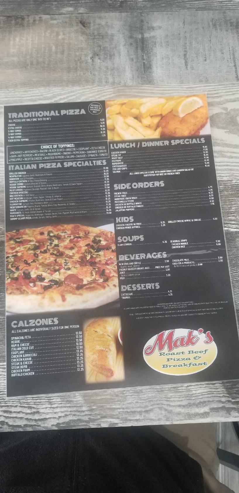 Menu at Maks Roast Beef and Breakfast pizzeria, Franklin